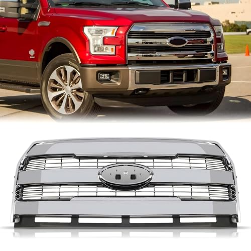 HAPSO Front Bumper Grille Compatible with 2015-2017 Ford F150 F-150 Upper Hood Mesh Grill ABS Plastic (Chrome)
