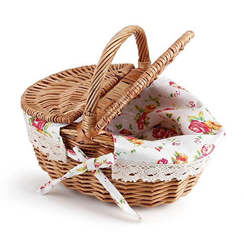 Aigid Picnic Basket, Oval Double Lidded Linen Floral Picnic Storage Basket Holiday Camping Use Home Decor