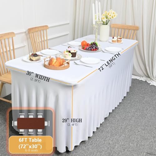 HAORUI Table Skirts, 6ft Rectangle Wrinkle Resistant Table Clothes, Ruffles Elastic Table Cover for Banquets, Weddings, Parties (6 Ft, White) - Thumbnail 3
