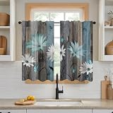 DOTOOMA 26x36Inch Boho Blue Teal Daisy Kitchen Curtain Farmhouse Wooden Flower Small Short Cafe Window Rustic Floral Butterfly Country Bathroom Decor Drape Treatment Tier 2 Panels