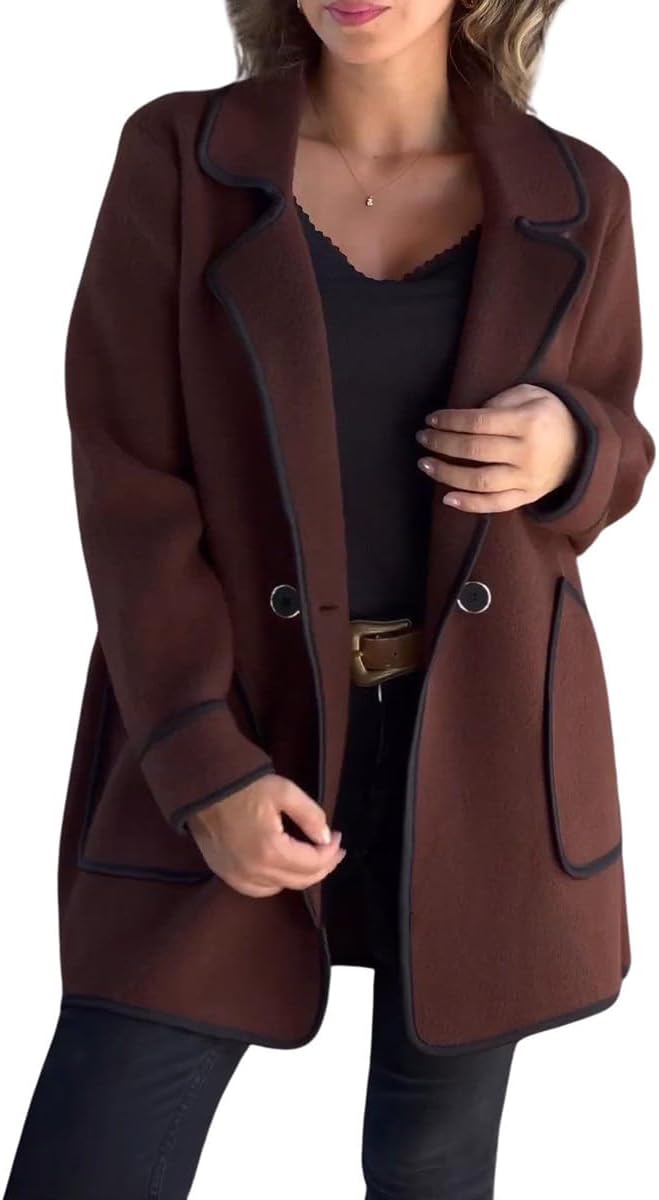 chouyatou Women's Fall Notch Lapel Button Down Wool Coat Business Casual Oversized Winter Wool Jacket