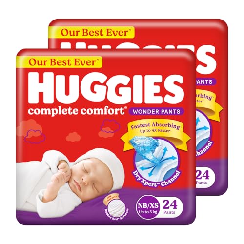 Image of Huggies Complete Comfort Wonder Pants | Pant Style Baby Diapers New Born / XS Size, 48 Count | India's Fastest Absorbing Diaper, Patented Dry Xpert Channel, Ideal for 0-5 Kgs