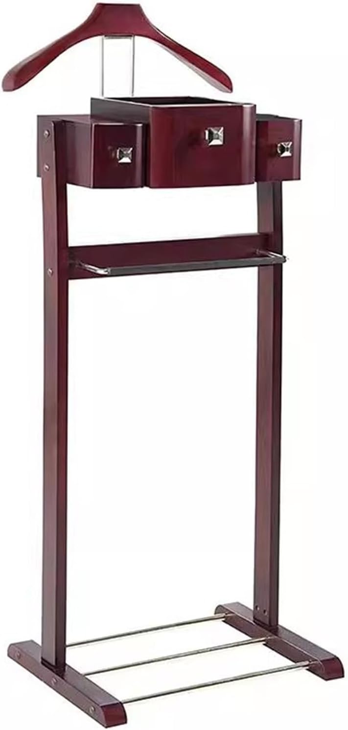Men Valet Stand Wood Suit Rack With Base Drawer Freestanding Portable Coat Stand Top Tray Contour Hanger Accessory Clothing Organizer For Entryway Bedroom Office