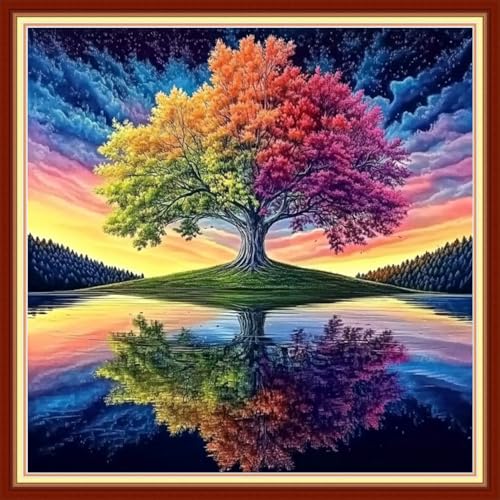 Image of Redxing Stamped Cross Stitch Kits Embroidery kit for Beginners Adults Full Range of Embroidery Patterns Starter Kits DIY Printed Cross Stitch Kits Needlepoint Kits 11CT-Reflection Tree 18x18 inchs
