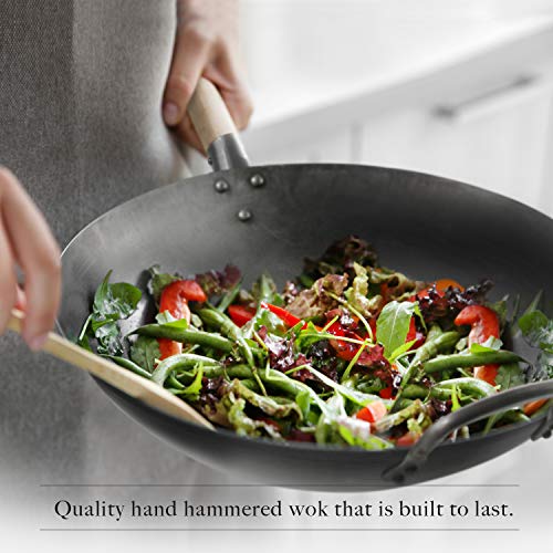 Mammafong Flat Bottom Carbon Steel Wok Pan - Authentic Hand Hammered Woks And Stir Fry Pans - 14" Pow Wok #TOP4
