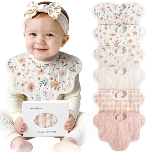 Muslin Bibs for Baby Girl Boy 6 Pack, 100% Cotton Extra Soft Absorbent Bandana Baby Bibs for Drooling and Teething Toddler Newborn Baby Girl Essentials Gifts