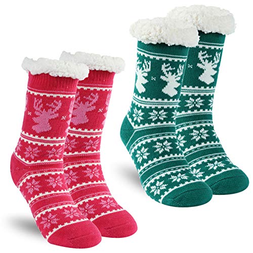 Non Skid Slipper Socks, Time and River Winter Thick Warm House Floor Slipper Crew Socks Soft Home Sleeping Lounge Bed Socks Fluffy Insulated Heated Christmas Cute Socks with Grippers Pink Green Deer