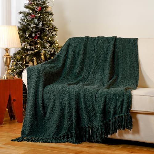 Image of Battilo Christmas Green Throw Blanket for Sofa, 125cmx150cm | Knitted Woven Green Blankets with Tassels , Super Soft Warm Decorative Christmas Blanket for Bed Chair Couch Living Room
