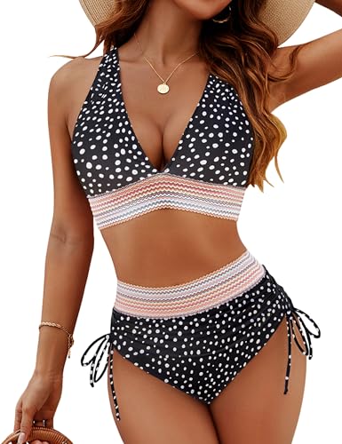 Image of Blooming Jelly Women High Waisted Bikini Sets Tummy Control Swimsuits Color Block Two Piece Drawstring Bathing Suit