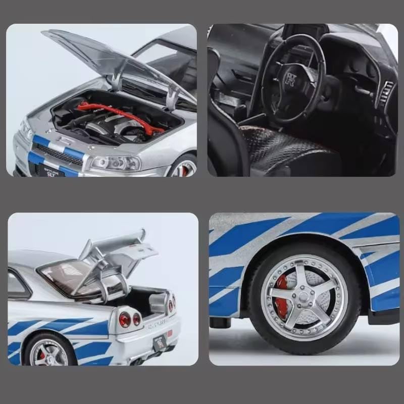 Image of 1:24 Scale Nissan Skyline GTR-R34 Diecast Models Alloy Diecast Toy Car Model Sound Light Pull Back Car Toy for Kids (White)