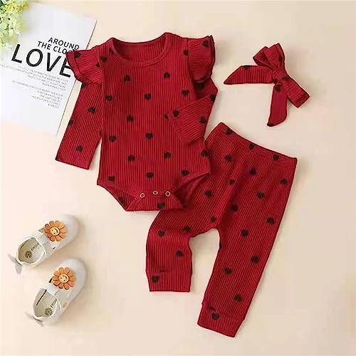 3PC Newborn Baby Girls Romper Clothes Long Sleeve Heat Prints Top Pants Outfit Infant Boys 𝗣ajamas with Headband Set3