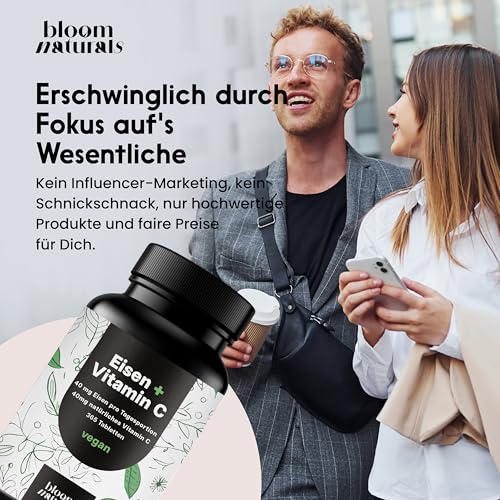 Eisentabletten hochdosiert mit Vitamin C- 365 Tabletten - Eisenbisglycinat/Eisen hochdosiert mit Vitamin C, Eisen Vitamine C vegan & produziert in Deutschland - Laborgeprüft