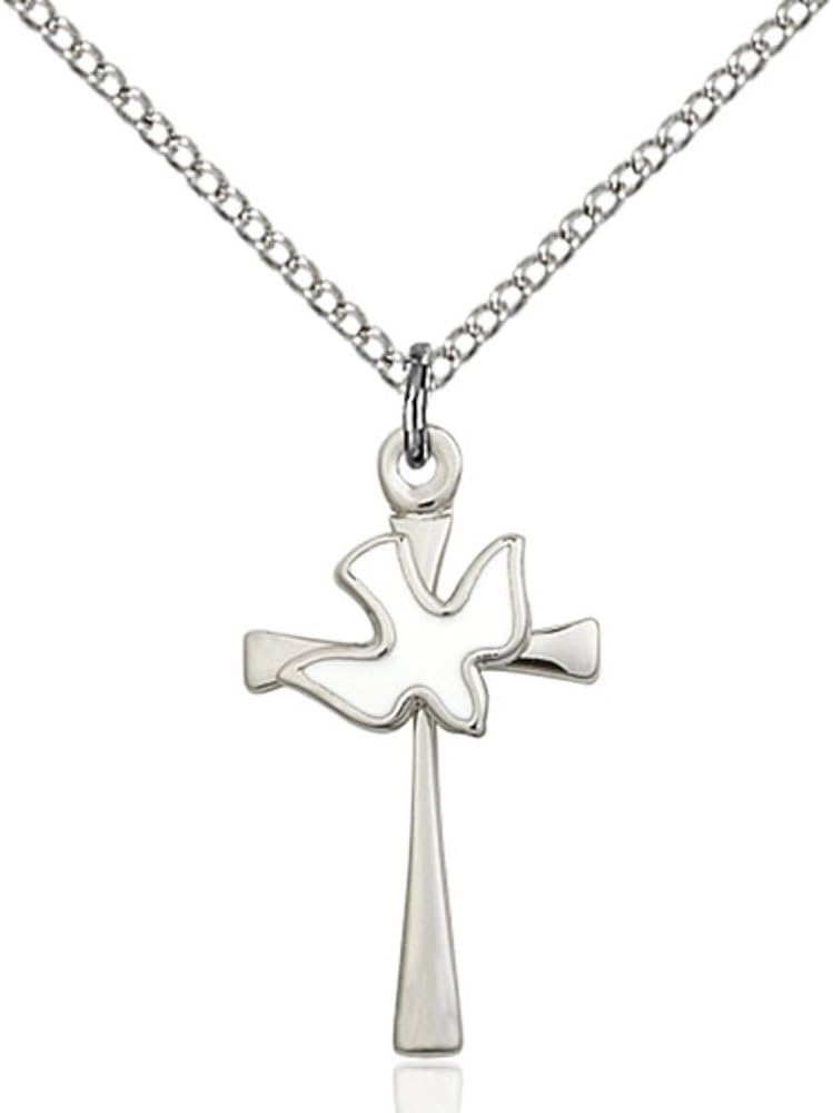 Bonyak Jewelry Sterling Silver Cross/Holy Spirit Pendant 7/8 x 1/2 inches with Sterling Silver Lite Curb Chain