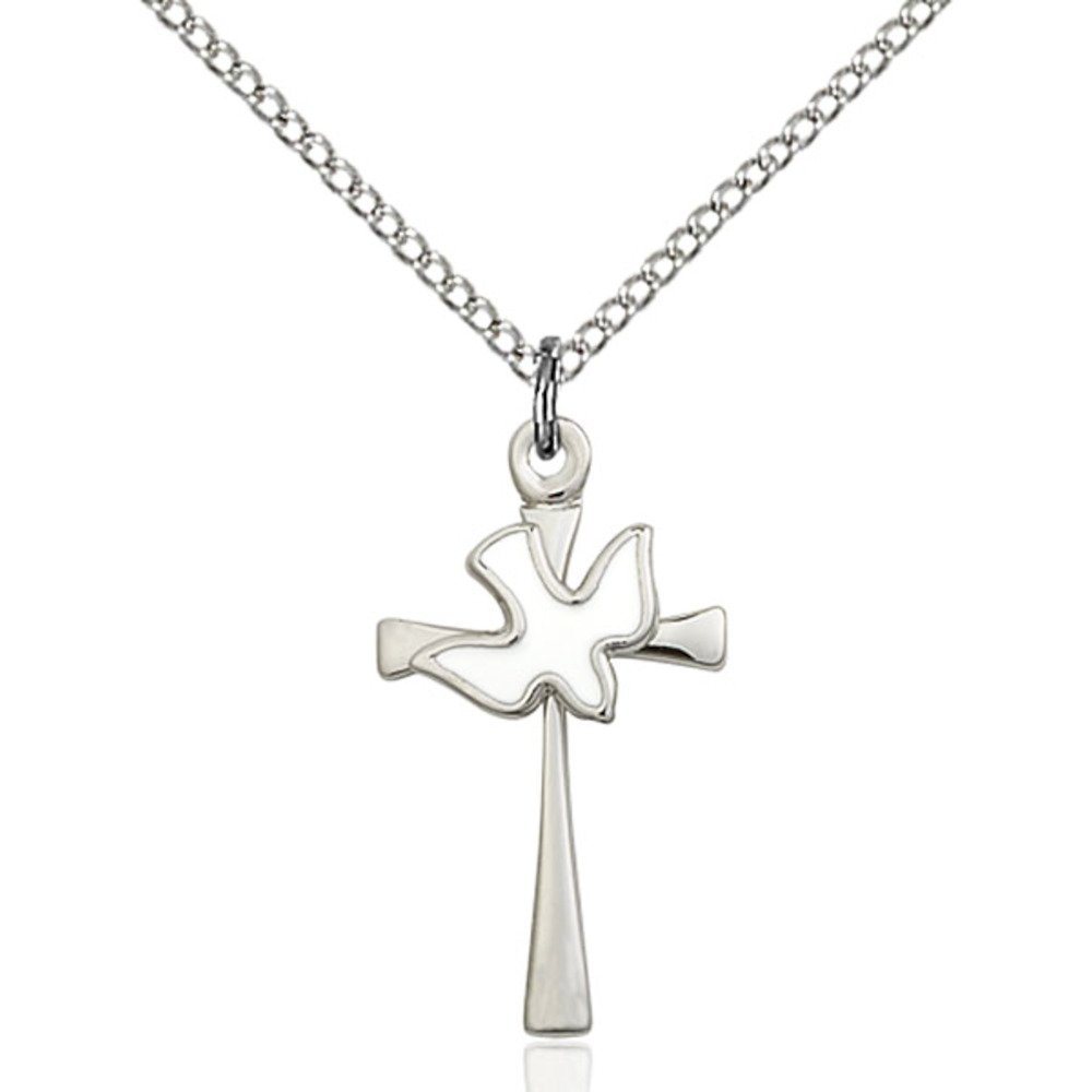 Bonyak Jewelry Sterling Silver Cross/Holy Spirit Pendant 7/8 x 1/2 inches with Sterling Silver Lite Curb Chain