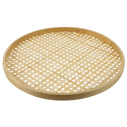 BESTonZON Wicker Fruit Basket Bamboo Sieve Baskets Weaving Fruit Vegetable Washing Basket Strainer Bowl Handwoven Flat Wicker Food Storage Shallow Tray Organizer Holder Wall Decor 36CM
