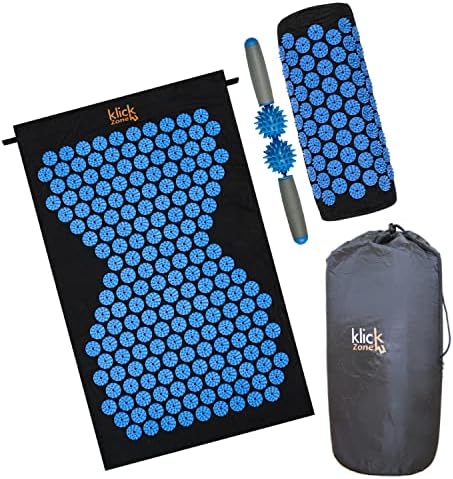 Klick Zone Set of 3Pcs Acupressure Mat and Pillow Set with 2 Spiky Massage Balls and Travel Bag - Accupoint mat for Neck & Back Pain Relief, Acupuncture Mat and Pillow Sleeping Aid Kit