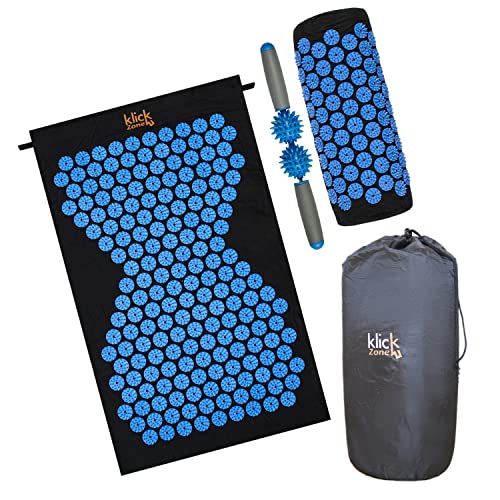 Klick Zone Set of 3Pcs Acupressure Mat and Pillow Set with 2 Spiky Massage Balls and Travel Bag - Accupoint mat for Neck & Back Pain Relief, Acupuncture Mat and Pillow Sleeping Aid Kit