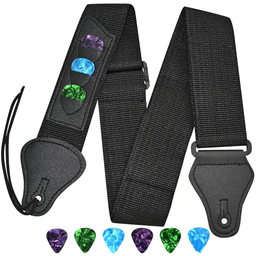 GAQWOK - Correa universal para guitarra con 3 soportes y 6 púas, compatible con guitarra acústica, bajo...