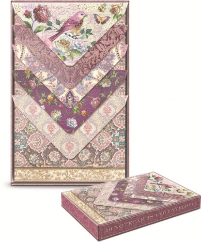 Punch Studio Plum Bird Gold Foil Embellished Note Cards with Elegant Matching Envelopes -- Set of 10