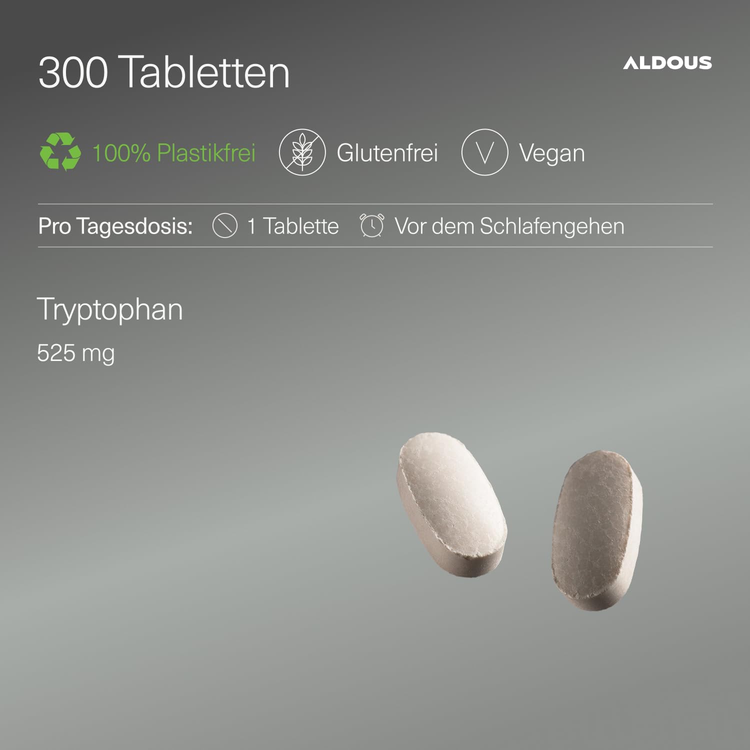 L-Tryptophan 525mg je Tablette - 300 vegane Tabletten, 10 Monate Reichweite - Aus Pflanzlicher Fermentation - L Tryptophan Hochdosiert - Fördert den Tiefschlaf und verbessert die Laune - Plastikfrei