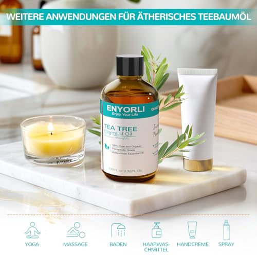 ENYORLI Teebaumöl 100ml 100% Naturrein Tea Tree Oil Reines und Ätherisches Aromatherapieöl Vegan Teebaum Ätherisches Öl für Diffuser,Shampoo, Gesicht,Haut, Nagel