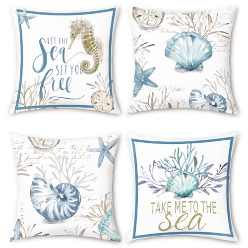 Bonhause 4er Set Kissenbezüge Nautisch Küsten 45 x 45 cm Ozean Strand Muschel Koralle Seestern Samt Soft Dekorative Kissenhülle Zierkissenbezüge für Sofa Wohnzimmer Zuhause Dekoration