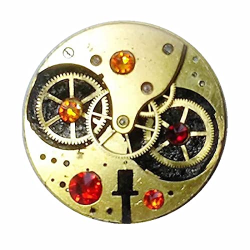 Broche steampunk, 40 mm de diamètre, pièces et rouages de montres mécaniques, résine polymère noire; cabochons plats en cristal Swarovski rouges adaptable en collier et/ou pendentif
