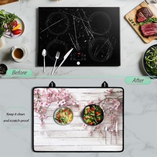 Image of Stove Top Cover Protector for Glass Ceramic Stoves Universal Induction Cooktop Mat Machine Washable Multipurpose kitchen Decor Mat, 29 x 21 Inch, Peach Blossom White Wood Grain