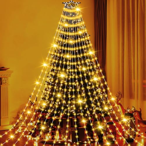 Luci Albero di Natale Interno Esterno 400 LED 2,5 Metri 16 Fili, Lucine Luci Albero di Natale a Cascata LED IP44 Impermeabile, Illuminazione Catena Luminosa Esterno Natalizia 8 Modalità, Bianco Caldo