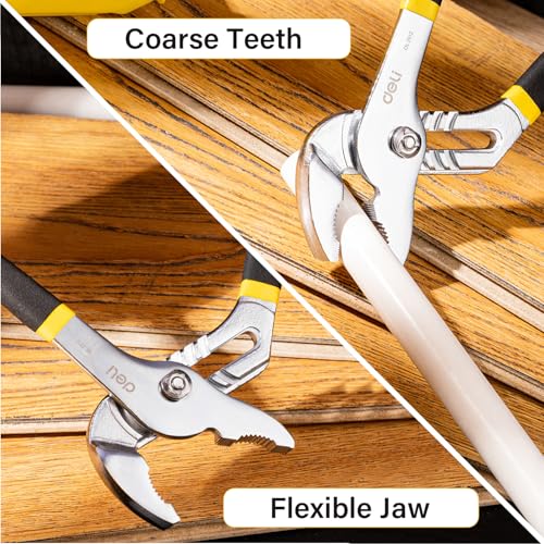 Image of Deli DL2612 12 inch Water Pump Plier with 7 Position Adjustment & High Torque Grip Carbon Steel Heat Treated Head for Plumbing Home and Mechanical Purpose (Pack of 1, Yellow)