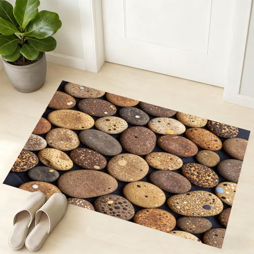VTKON 3D Pebble Stone Area Rug 2'x3' for Entryway Kitchen Bathroom Natural Earth Tone Washable Rug Natural Earthy Color Decor Doormat Rustic Floor Mat
