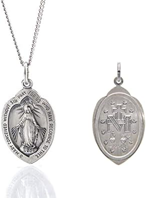 925 Sterling Silver Polished Antiqued-Finish Miraculous Virgin Mary Double Sided Shield Pendant Medal Necklaces Gifts for Women and Men
