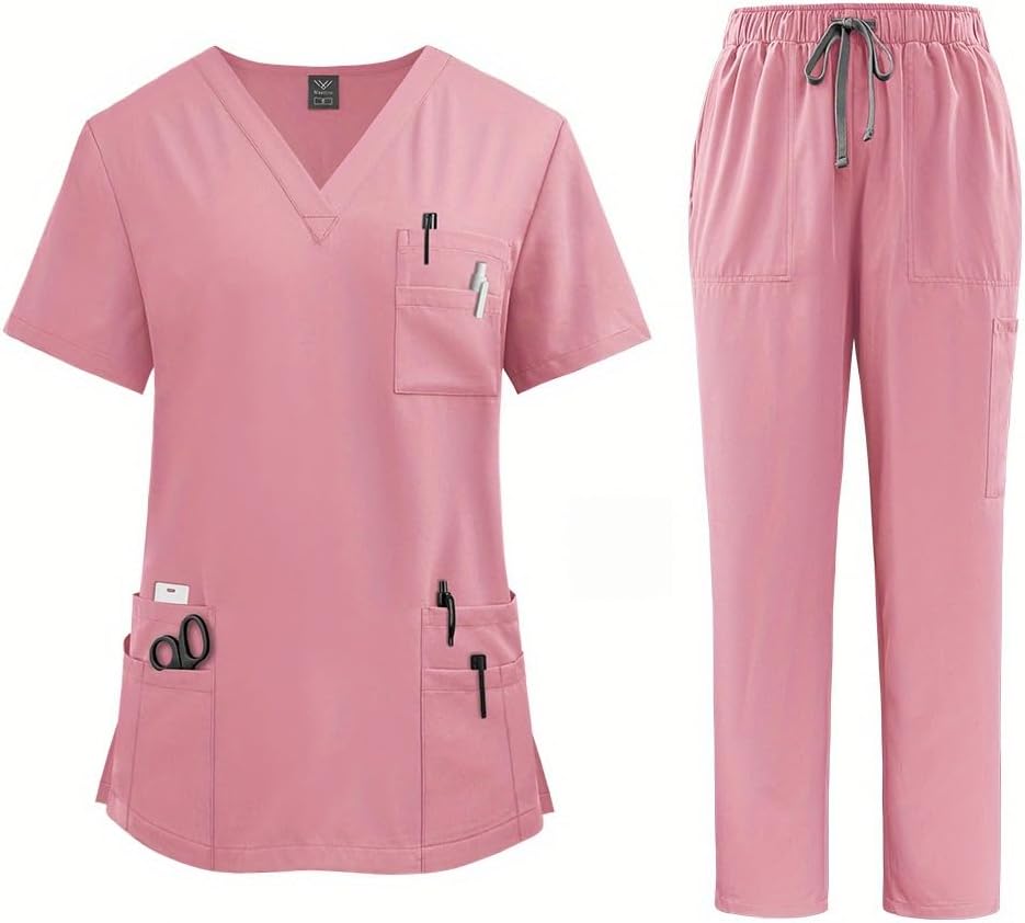 Short-Sleeve Scrubs Uniform Set Unisex - Top & Pants Comfortable Breathable Workwear for Salon and Clinic