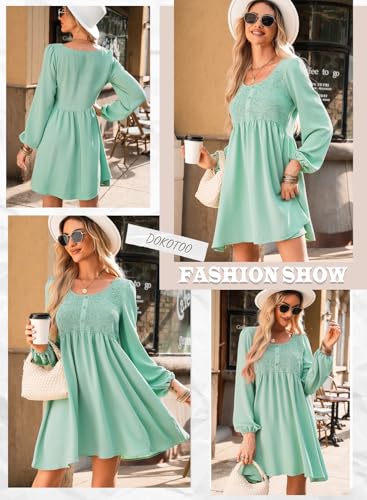 Image of Dokotoo Womens Fall Dresses 2026 Casual Smocked Crewneck Button Up Long Sleeve Empire Waist A-Line Mini Dress