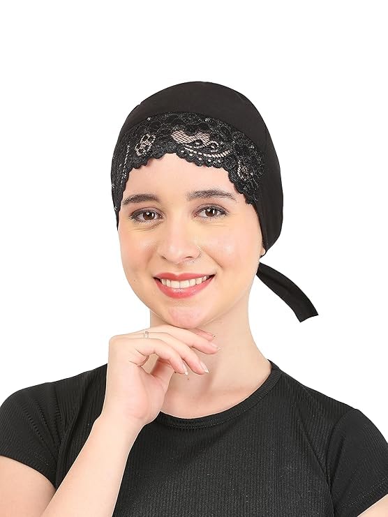 Women's Lace Front Pre-Tied Head Scarf Hat, Black, Chemo Cap-picture-17