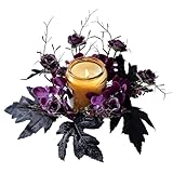 Halloween Candle Ring Artificial Flower Wreath Black Purple Floral Candle Holder 9.84” Tables Centerpieces Home Kitchen Farmhouse Decor