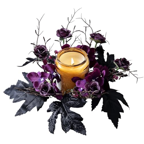 Halloween Candle Ring Artificial Flower Wreath Black Purple Floral...