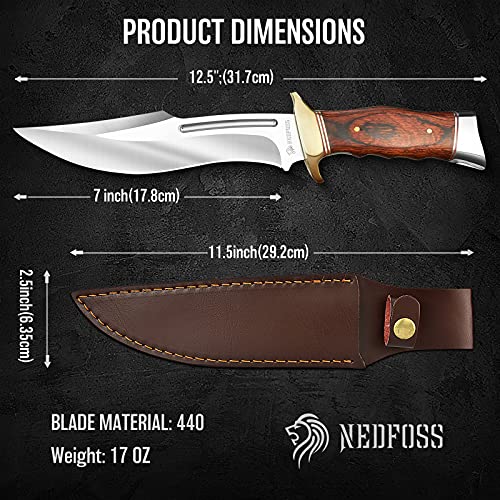 Nedfoss Fixed Blade Knife With Leather Sheath,Survival Camping Knife Full Tang Blade, Outdoor Duty Hunting Knife With 440 Stainless-Steel Blade And Clip, 12.5 Inch Bushcraft Knife For Hiking #TOP4