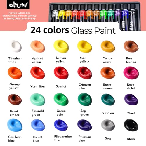 Colorful Stain Glass Paint Set with 6 Brushes, 1 Palette, 24 Color Waterproof Acrylic Enamel Painting Kit for Kids to Arts on Transparent Wine Glasses, Light Bulbs, Windows and Ceramics - Thumbnail 7