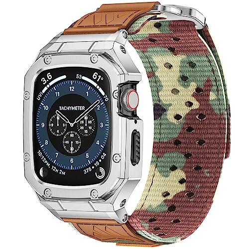 BAITEYOU Band with Case Compatible with Apple Watch Band 45mm Series 9 8 7, Nylon Strap with Stainless Steel Metal Rugged Case Cover for iwatch Bands for Men