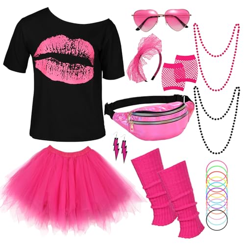WERFORU 80er Jahre Outfit Damen Set Karneval Damen Set，T-Shirt, Tüll Rock， Herz Sonnenbrille，Stirnband， Netzhandschuhe， Halskette，Bauchtasche， Ohrringe，Beinwärmer，Silikonarmband