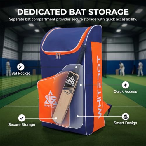 Image of WHITEDOT SPORTS Teal Cricket Kitbag - Navy Blue & Orange | Large Capacity Backpack Duffle with Separate Bat Pocket | Stylish & Durable Cricket Equipment Bag for All Players