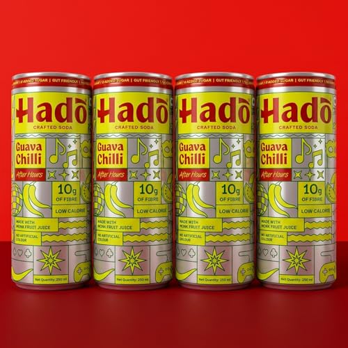 Image of Hadō Guava Chilli Crafted Soda, Pack of 4, 250ml Each, Spicy Fizzy Drink with 10g Fibre, 0g Added Sugar, Monk Fruit Sweetened
