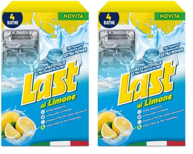 Last al Limone, Cura Lavastoviglie e Trattamento Filtro, Trattamento Granulare Extra Power, Potere Sgrassante, Anticalcare e Antiodore, Azione Igienizzante - 4 Bustine (Confezione da 2)