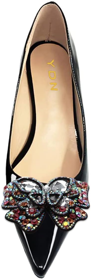YDN Women's Pointed Toe Bow Pumps Colorful Rhinestone Block Low Heel Butterfly Slip On Fashion Party Dance Shoes Size 4-15 US