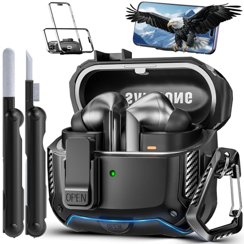 TNSNK Stoßsichere Schutzhülle für Samsung Galaxy Buds3 / Buds 3 Pro(2024) mit Reinigungsstift & Karabiner [Unterstützung für Drahtloses Laden] Kompatibel mit Samsung Galaxy Buds 3 Pro Case (Schwarz)