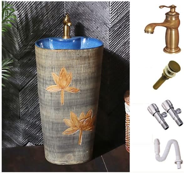 Freestanding Ceramic Vessel Sink with Faucet Elegant Carved Lotus Design for Bathroom Countertop, Stylish Pedestal Sink Vanity, Modern Home Decor