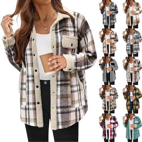 Women Fleece Jackets Casual Flannel Plaid Shacket Button Down Lapel Collared Sherpa Jackets with Pockets Fall Coat