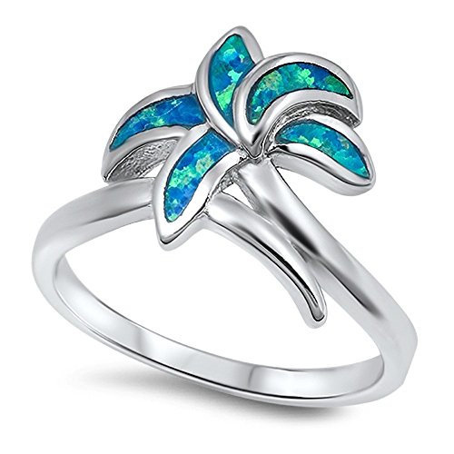 CloseoutWarehouse Palm Tree Blue Simulated Opal 925 Sterling Silver Size 5
