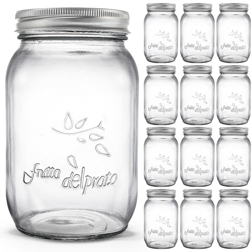 Cedilis 12 Pack Wide Mouth Mason Jars, 32 oz Glass Canning Jar with Lids and Bands, Clear Quart Mason Jars for Preserving Fruits, Vegetables, Pickles, Tomato Juices and Sauces